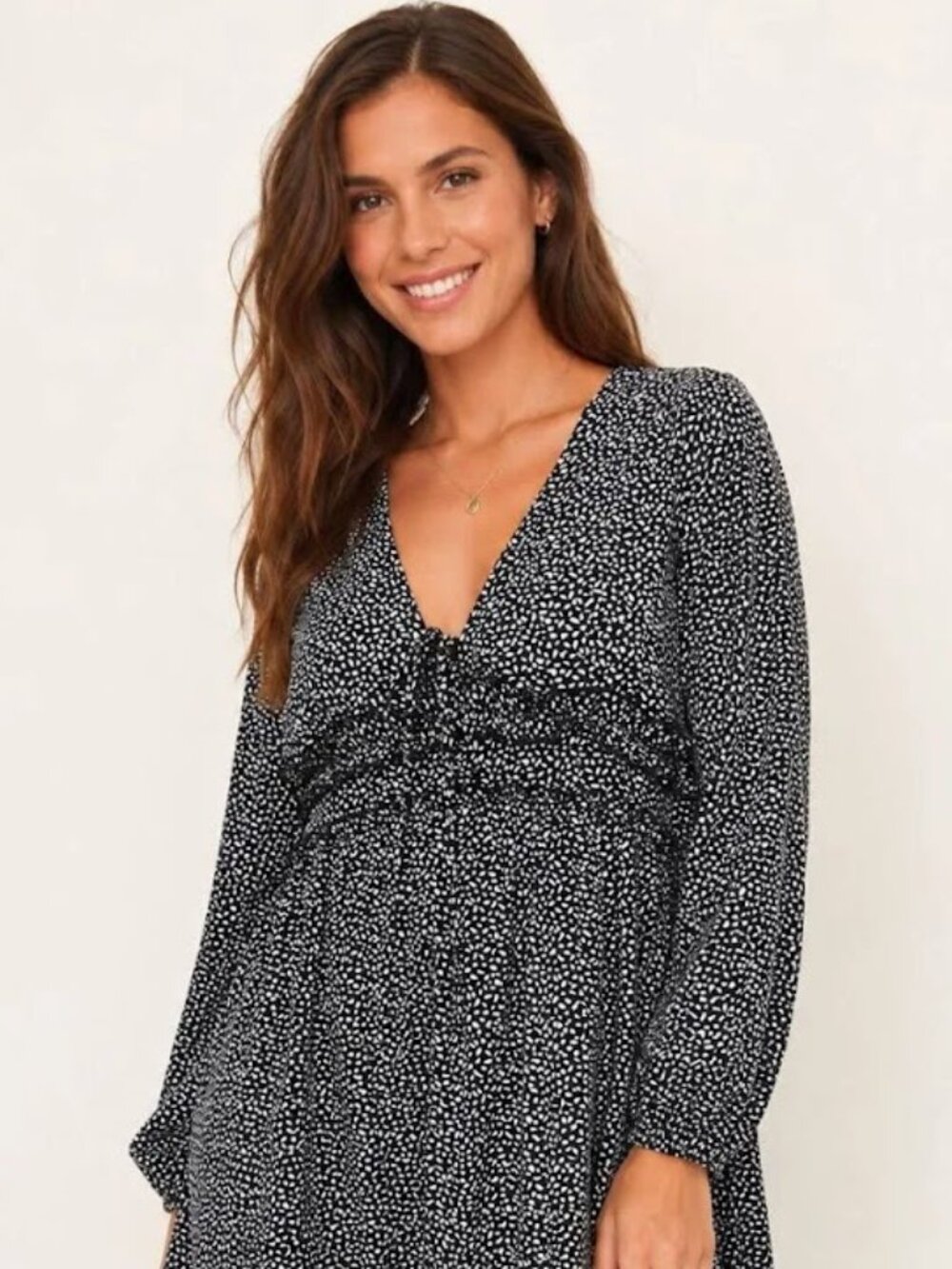 Altar'd State Black & White Ditsy Print Long Sleeve Babydoll Mini Dress